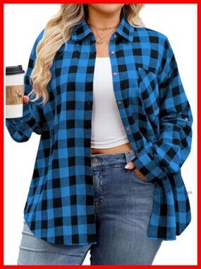 Plus Size Plaid Flannel Shirt Long Sleeve Button Down